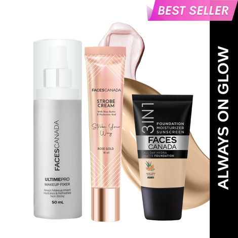 Buy FACES CANADA Always On Glow Combo - All Day Hydra Matte Foundation - Absolute Ivory 012 (18 ml) + Strobe Cream - Rose Gold (18 ml) + Ultime Pro Makeup Fixer (50 ml) | Illuminating & Glowing Makeup Base | Long Lasting Makeup Setting Spray-Purplle