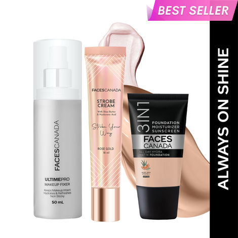 Buy FACES CANADA Always On Shine Combo - All Day Hydra Matte Foundation - Rose Ivory 011 (18 ml) + Strobe Cream - Rose Gold (18 ml) + Ultime Pro Makeup Fixer (50 ml) | Illuminating & Glowing Makeup Base | Long Lasting Makeup Setting Spray-Purplle