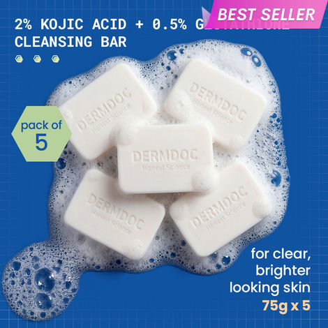 Buy DERMDOC by Purplle 2% Kojic Acid and 0.5% Glutathione Cleansing Bar (75 gm each) Pack of 5 | Brightening | Gentle Cleansing Action | Sensitive Skin Friendly-Purplle