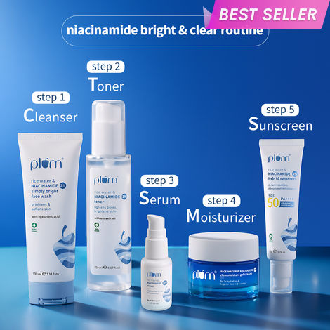 Buy Plum Niacinamide complete Routine (Face Wash 100 ml + Toner 150 ml + Sunscreen 50 gm + Moisturizer 50 gm + Serum 15 ml)-Purplle