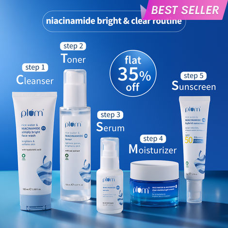 Buy Plum Niacinamide complete Routine (Face Wash 100 ml + Toner 150 ml + Sunscreen 50 gm + Moisturizer 50 gm + Serum 15 ml)-Purplle