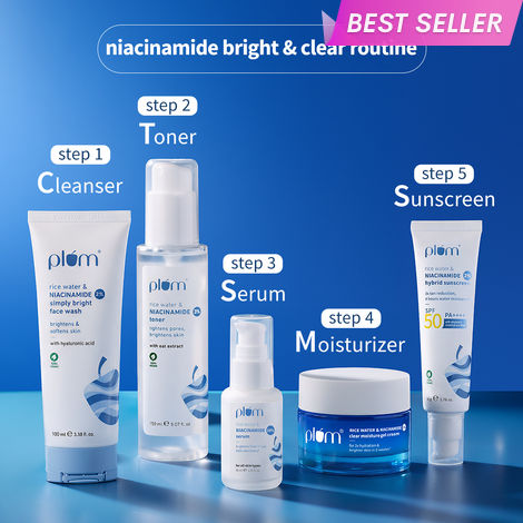 Buy Plum Niacinamide complete Routine (Face Wash 100 ml + Toner 150 ml + Sunscreen 50 gm + Moisturizer 50 gm + Serum 15 ml)-Purplle