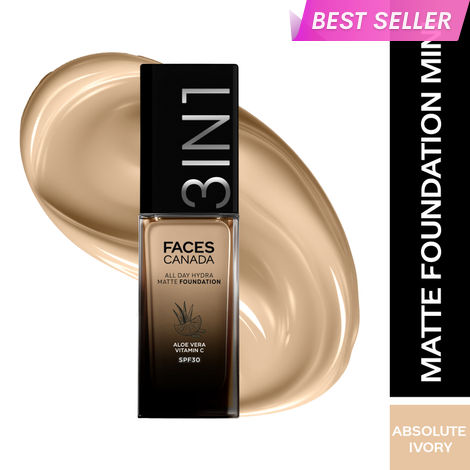 Buy FACES CANADA All Day Hydra Matte Foundation | 3-in-1 Foundation + Moisturizer + SPF30 | 10HR Long Wear | Buildable Coverage | Absolute Ivory 012, 30 ml-Purplle