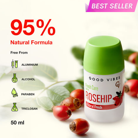 Buy Good Vibes Fresh Care Rosehip Underarm Roll On – Floral Fresh | Brightening, Soothing & Hydrating | Alcohol-Free, Aluminium-Free | Odour & Sweat Protection | Stain-Free Deodorant Roll-On | Gentle on Sensitive Skin – 50 ml-Purplle