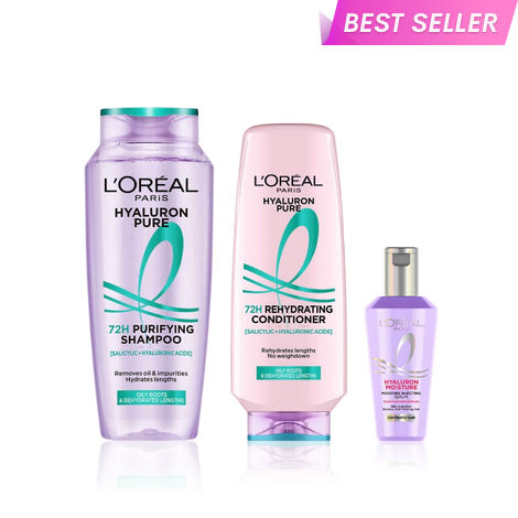 Buy L'Oreal Paris Hyaluron Haircare Mini Trio: Hyaluron Pure Shampoo (200 ml)+ Hyaluron Pure Conditioner (175 ml)+ Hyaluron Moisture Hair Serum(40 ml) Combo of 3-Purplle