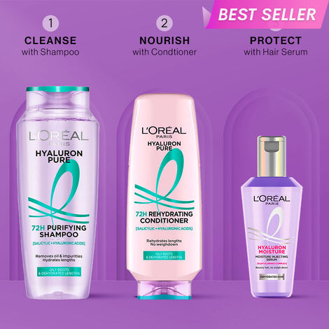 Buy L'Oreal Paris Hyaluron Haircare Mini Trio: Hyaluron Pure Shampoo (200 ml)+ Hyaluron Pure Conditioner (175 ml)+ Hyaluron Moisture Hair Serum(40 ml) Combo of 3-Purplle