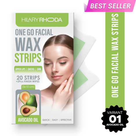 Buy Hilary Rhoda One Go Facial Wax Strips | Ready-To-Use Facial Wax Strips | Face, Cheek, Upper Lip & Chin Facial Wax | Painless Hair Removal | With 2 Finish Wipes | 20 Strips (Avocado Oil - Shade 01)-Purplle