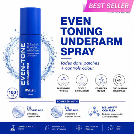 Buy Asaya Even Tone Mist for Dark Underarm | 7% Glycolic Acid Spray with 3% Lactic Acid & MelaMe™ Complex | Helps fade dark underarm patches | Brightens Skin & Exfoliates Underarm | Controls Odour & Fades Darkness | For Women & Men | 100 ml-Purplle