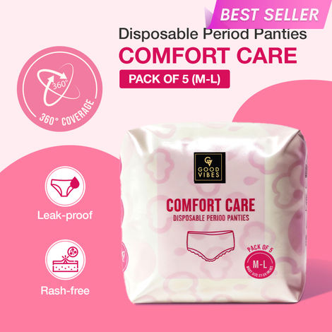 Buy Good Vibes Comfort Care Disposable Period Panties for Women Pack of 5 (M-L) | Leak-Proof, Rash-Free & Super Absorbent | 360° Coverage | Overnight Protection for Heavy Flow | Sanitary Underwear |-Purplle
