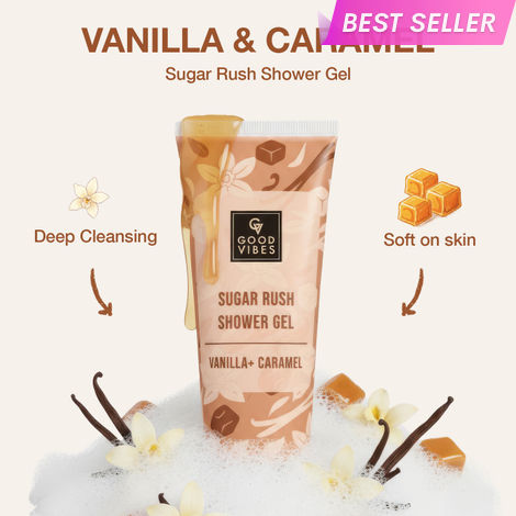 Buy Good Vibes Vanilla & Caramel Sugar Rush Shower Gel | Deep Cleansing & Softening Body Wash | Sweet Indulgent Scent | Skin Hydration & Smoothness | Gentle & Moisturizing | Perfect for Daily Pampering – 200 ml-Purplle