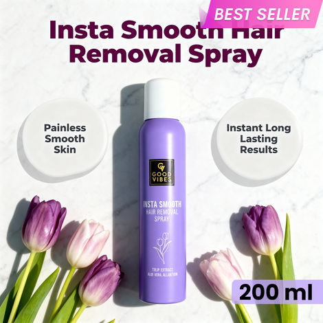 Buy Good Vibes Insta Smooth Hair Removal Spray | 5 Min Painless Hair Removal | Enriched with Tulip Extract, Aloe Vera & Allantoin | Gentle on Skin, Removes Hair from Root | No Darkening, No Cuts | Smooth, Soft & Nourished Skin 200 ml-Purplle
