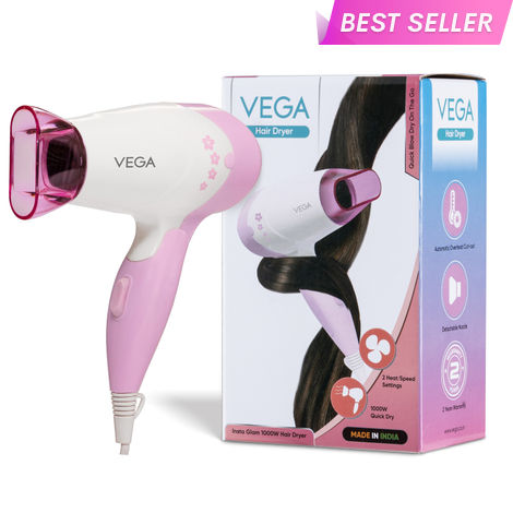 Buy VEGA Insta Glam Foldable 900-1200Watts Hair Dryer for Men & Women, 2 Heat/Speed Settings (Low & High), Perfect Blow Dry & Style, Compact Hair Dryer for Travel & Home Use (VHDH-20) Made In India 1 pc-Purplle