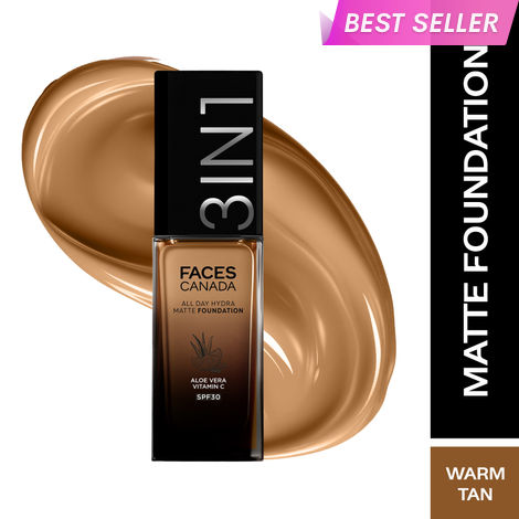 Buy FACES CANADA All Day Hydra Matte Foundation | 3-in-1 Foundation + Moisturizer + SPF 30 | 24 HR Aloe Hydration & Vitamin C | 10HR Long Wear | Medium to High Buildable Coverage | Warm Tan 051 | 30 ml-Purplle