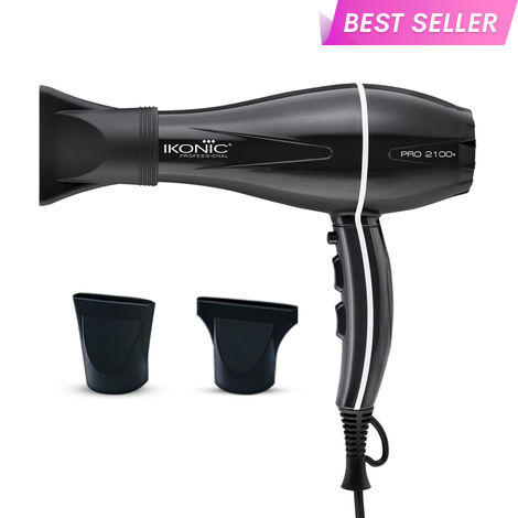 Buy IKONIC PROFESSIONAL 2100+ Hair Dryer 2000W, Black, 3 Heat And 2 Speed Settings, Cool Shot, Low Noise Function Interchangeable Nozzles, Professional Styling, For Women And Men, All Hair Type 1 pc-Purplle