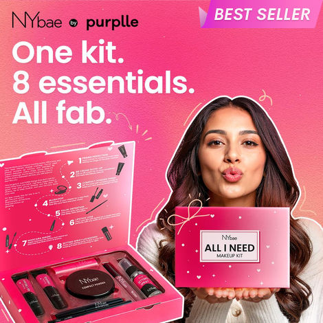 Buy NY Bae All I Need Makeup Kit- 80 gm | Primer | BB Cream | Compact | Pink Blush | Kajal | Mascara | Brown Lipstick | Setting Spray | All-in-One 8-Step Makeup Kit | Travel-Friendly | Long-Lasting | Makeup Set with Bestsellers | Gift Box | Makeup Combo-Purplle