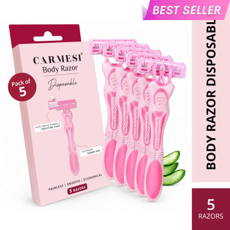 Buy Carmesi Disposable Body Razors for Women - Pack of 5 | Aloe Vera & Vitamin E Moisture Strip For Smooth & Painless Hair Removal | Slip-Proof Rubber Grip | Safe, Hygienic & Economical-Purplle
