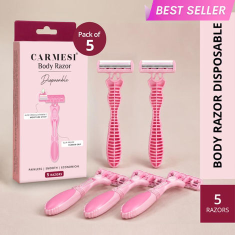 Buy Carmesi Disposable Body Razors for Women - Pack of 5 | Aloe Vera & Vitamin E Moisture Strip For Smooth & Painless Hair Removal | Slip-Proof Rubber Grip | Safe, Hygienic & Economical-Purplle