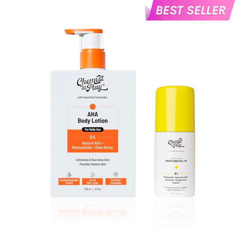 Buy Chemist at Play Skin Brightening Duo | Evens tone and reduces pigmentation |Neck, Knee & Elbow Roll-On (40 ml) + AHA Body Lotion (236 ml) Combo of 2-Purplle