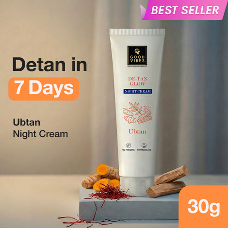 Buy Good Vibes Ubtan De-Tan Glow Night Cream With Serum-Powered Beauty (30 gm) | Brightening & De-Tan Care | Repairs Dull, Tanned Skin | Nourishing Overnight Cream | Turmeric, Saffron & Sandalwood | For Normal to Dry Skin-Purplle