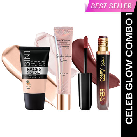 Buy FACES CANADA Celeb Glow Combo | Strobe Cream - Rose Gold, 18 ml + Hydra Matte Foundation - Rose Ivory, 18 ml + Comfy Matte Wow - Cocoa Crush, 3.8 ml | SPF 30 | Highlighter | Highly Pigmented | Buildable Coverage | Pack of 3-Purplle