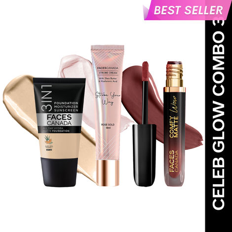 Buy FACES CANADA Celeb Glow Combo | Strobe Cream - Rose Gold, 18 ml + Hydra Matte Foundation - Absolute Ivory, 18 ml + Comfy Matte Wow - Cocoa Crush, 3.8 ml | SPF 30 | Highlighter | Highly Pigmented | Buildable Coverage | Pack of 3-Purplle