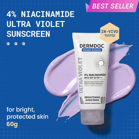 Buy DERMDOC 4% Niacinamide Ultra Violet Brightening Sunscreen with SPF 50 PA+++ Sun Protection (60 gm) | Sunblock | Sunscreen for Oily Skin | UV Protection | With Shine Formula |&nbsp;Purple Tinted Sunscreen-Purplle