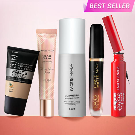 Buy Faces Canada Glow On Point Kit (Ultime Pro Makeup Fixer 50 ml + Strobe Cream Mini- Rose Gold (18 gm) + All Day Hydra Matte Foundation - Mini + Comfy Matte Wow Liquid Lipstick - Cocoa Crush + Magneteyes Eyeliner - Black) Combo of 5-Purplle