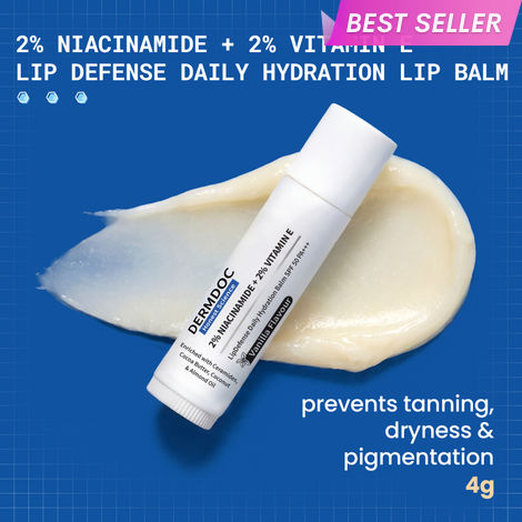 Buy DermDoc 2% Niacinamide + 2% Vitamin E Vanilla Lip Defense Lip Balm SPF 50 PA+++ | Hydrates, Repairs & Protects Dry, Chapped Lips | UV Defense + 4 Hr Water Resistance | Deep Moisturization Coconut & Almond Oil - 4 gm-Purplle