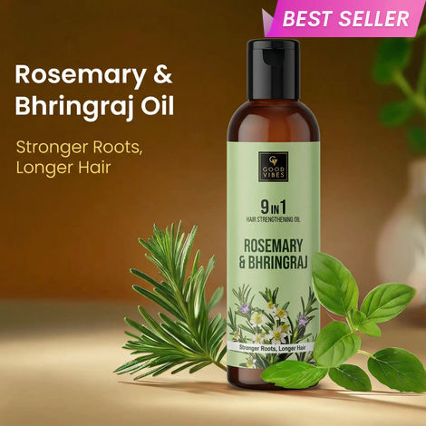 Buy Good Vibes Rosemary & Bhringraj 9 in 1 Hair Oil | Stronger Roots & Longer Hair | With Rosemary, Bhringraj, Amla, Neem, Curry Leaf, Jojoba, Brahmi, Cedarwood & Sage Oils | Anti Hair Fall Oil | Stimulates Hair Growth 200 ml-Purplle