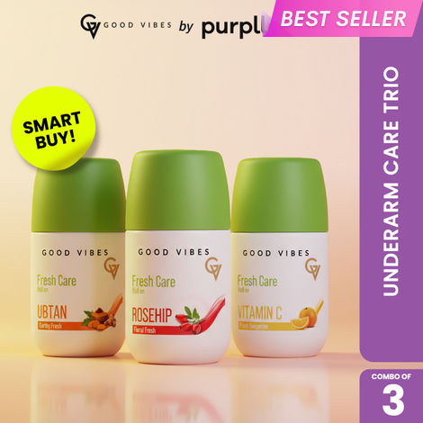 Buy Good Vibes Underarm Care Trio (Combo of 3) | Fresh Care Rosehip Underarm Roll On in Floral Fresh | Fresh Care Ubtan Underarm Roll On in Earthy Fresh | Fresh Care Vitamin C Underarm Roll On in Fresh Tangerine (50 ml x 3)-Purplle