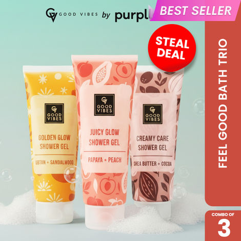 Buy Good Vibes Feel Good Bath Trio (Combo of 3) | | Papaya & Peach Juicy Glow Shower Gel | Shea Butter & Cocoa Creamy Care Shower Gel | Ubtan & Sandalwood Shower Gel | (200 ml x 3)-Purplle