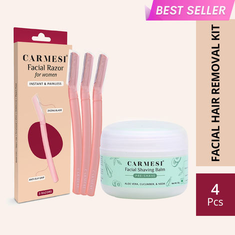 Buy Carmesi Face Shaving Kit | 3 Reusable Face Razors & 1 Pre + Post-Shave Facial Shaving Balm | Instant & Painless Hair Removal | Cooling Effect | No Razor Burns-Purplle