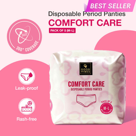 Buy Good Vibes Comfort Care Disposable Period Panties for Women Pack of 5 (M-L) | Leak-Proof, Rash-Free & Super Absorbent | 360° Coverage | Overnight Protection for Heavy Flow | Sanitary Underwear |-Purplle