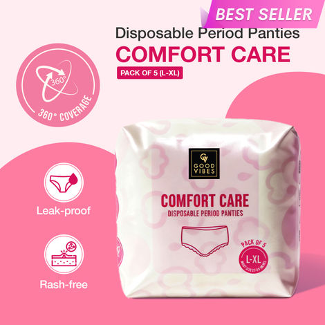 Buy Good Vibes Comfort Care Disposable Period Panties for Women Pack of 5 (L-XL) – Leak-Proof, Rash-Free & Super Absorbent | 360° Coverage | Overnight Protection for Heavy Flow | Sanitary Underwear |-Purplle