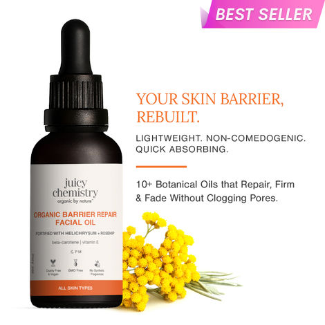 Buy Juicy Chemistry Organic Barrier Repair Facial Oil with Helichrysum + Rosehip, 30 ml | Repairs Skin Barrier | Reduces Pigmentation & Dark Spots | Boosts Glow | Promotes Even Skin Tone | Dermatologically Tested-Purplle