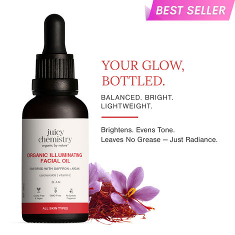 Buy Juicy Chemistry Organic Illuminating Facial Oil with Saffron + Argan, 30 ml | Boosts Skin Glow | Promotes Healthier Barrier | Brightens & Evens Out Skin Tone | Non-sticky & Lightweight | Dermatologically Tested-Purplle