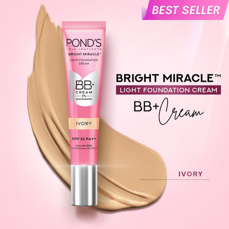 Buy Ponds BB+ Cream, Bright Miracle Light Foundation Cream , Ivory 9 gm-Purplle