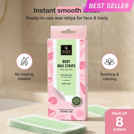 Buy Good Vibes Aloe Vera + Cica Body Wax Strips for Face & Body | Gentle Wax Strips | Ready To Use | For all skin types | Soothing & Calming | Instant Fuzz-Free Skin | 8 Wax Strips x 2 Post-Wax Wipes-Purplle