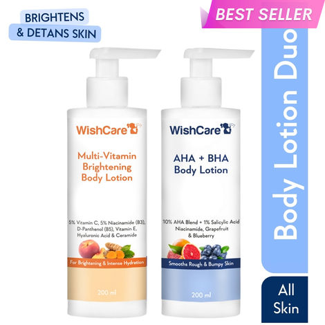 Buy WishCare De Tan & Brightening Body Lotion Duo | 10% AHA + 1% Salicylic Acid for Strawberry Legs & Multi-Vitamin Body Lotion with 5% Vitamin C, 5% Niacinamide & B5 for Pigmentation - Combo of 2-Purplle