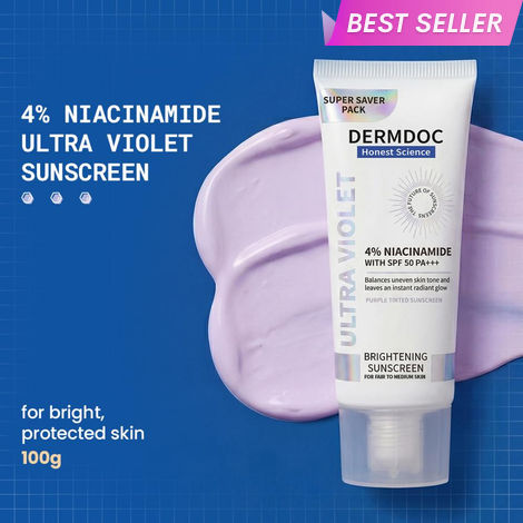 Buy Dermdoc 4% Niacinamide Ultra Violet Brightening Sunscreen With Spf 50 (100 gm) | Sunblock | Sunscreen for Oily Skin | UV Protection | With Shine Formula |&nbsp;Purple Tinted Sunscreen-Purplle