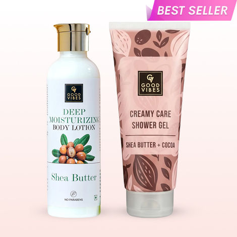 Buy Good Vibes Shea Butter Body Care Duo (Shea Butter & Cocoa Creamy Care Shower Gel-200 ml + Shea Butter Deep Moisturizing Body Lotion-200 ml Combo of 2-Purplle