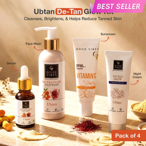 Buy Good Vibes Ubtan De-Tan Glow Kit | Face Wash 120 ml + Face Serum 15 ml + Night Cream 30 gm + Vitamin C SPF 50 PA++++ Sunscreen 50 gm | Combo of 4-Purplle