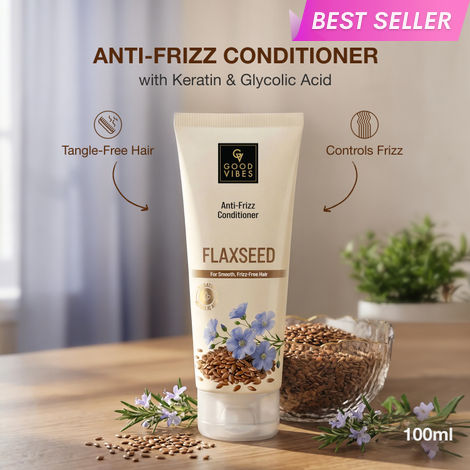 Buy Good Vibes Flaxseed, Keratin & Glycolic Acid Anti-Frizz Conditioner | Smoothens Hair & Controls Frizz | Adds Shine & Improves Manageability | For Soft, Tangle-Free Hair | Suitable for All Hair Types | 100 ml-Purplle
