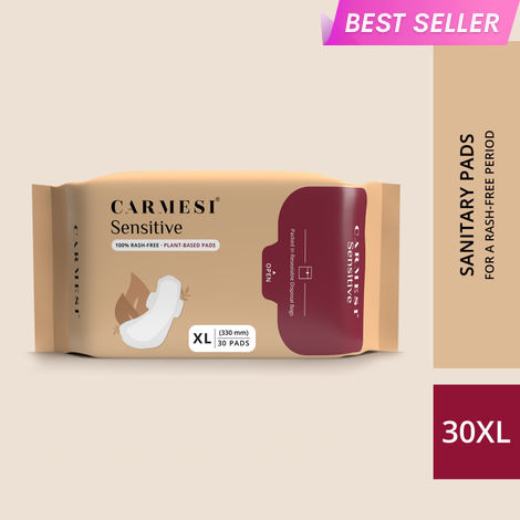 Buy Carmesi Sensitive Sanitary Pads - Pack of 30 Pads (XL) - Certified 100% Rash-Free by Gynecologist - Natural Plant Top Sheet - No Fragrance, No Chlorine - With Disposal Bags-Purplle