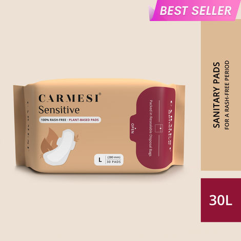 Buy Carmesi Sensitive Sanitary Pads - Pack of 30 Pads (Large) - Certified 100% Rash-Free by Gynecologist - Natural Plant Top Sheet - No Fragrance, No Chlorine - With Disposal Bags-Purplle