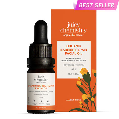 Buy Juicy Chemistry Organic Barrier Repair Facial Oil with Helichrysum + Rosehip, 10 ml | Repairs Skin Barrier | Reduces Pigmentation & Dark Spots | Boosts Glow | Promotes Even Skin Tone | Dermatologically Tested-Purplle