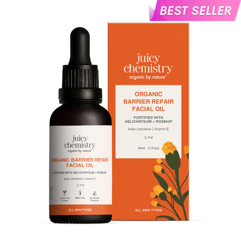 Buy Juicy Chemistry Organic Barrier Repair Facial Oil with Helichrysum + Rosehip, 30 ml | Repairs Skin Barrier | Reduces Pigmentation & Dark Spots | Boosts Glow | Promotes Even Skin Tone | Dermatologically Tested-Purplle