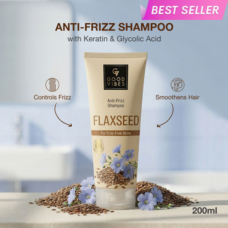Buy Good Vibes Flaxseed, Keratin & Glycolic Acid Anti-Frizz Shampoo | Controls Frizz & Flyaways | Smooth, Soft & Manageable Hair | Gentle Cleansing Shampoo for Frizz-Free Shine | 200 ml-Purplle