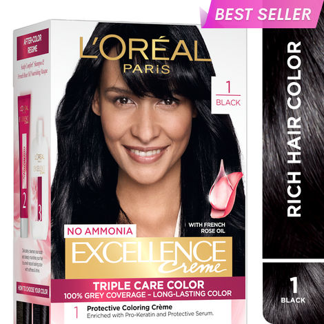 Buy L’Oreal Paris New Excellence Creme Hair Color With Hyaluronic Acid | 3X Richer Color, 10X Moisture | 100% Grey Coverage | Shade 1 | Black, 60 gm + 60 ml + 12 ml + 40 gm-Purplle