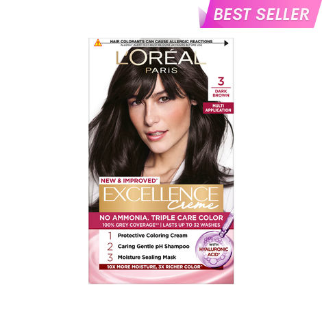 Buy L’Oreal Paris New Excellence Creme Hair Color With Hyaluronic Acid | 3X Richer Color, 10X Moisture | 100% Grey Coverage | Shade 3 | Darkest Brown, 60 gm + 60 ml + 12 ml + 40 gm-Purplle